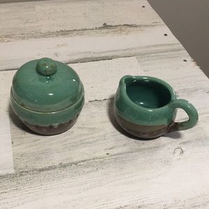 Set of two teal/brown handcrafted signed pottery bowl with lid & pitcher